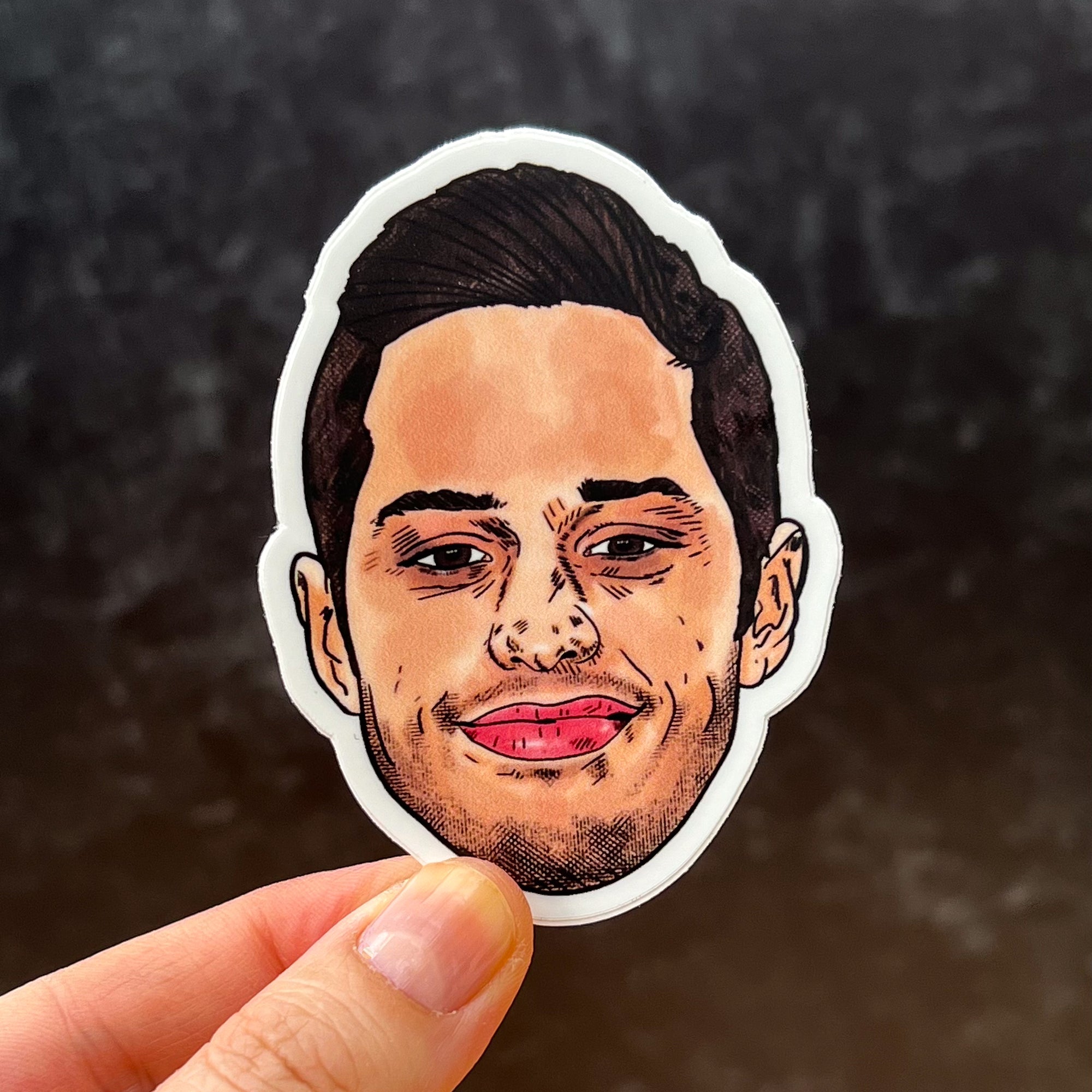 I made this Pete Davidson sticker, pictured here against a black background that you could never tell is my backyard, in part for my youngest cousin, Kylie. Awww. Family.