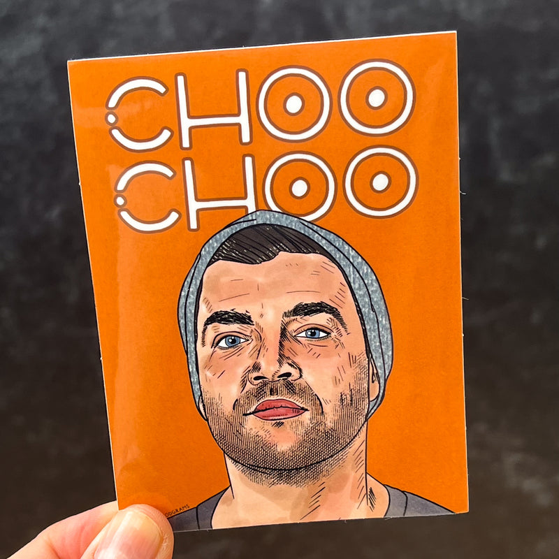 This sticker features an illustrated portrait of CT with the text CHOO CHOO against a bright orange background.